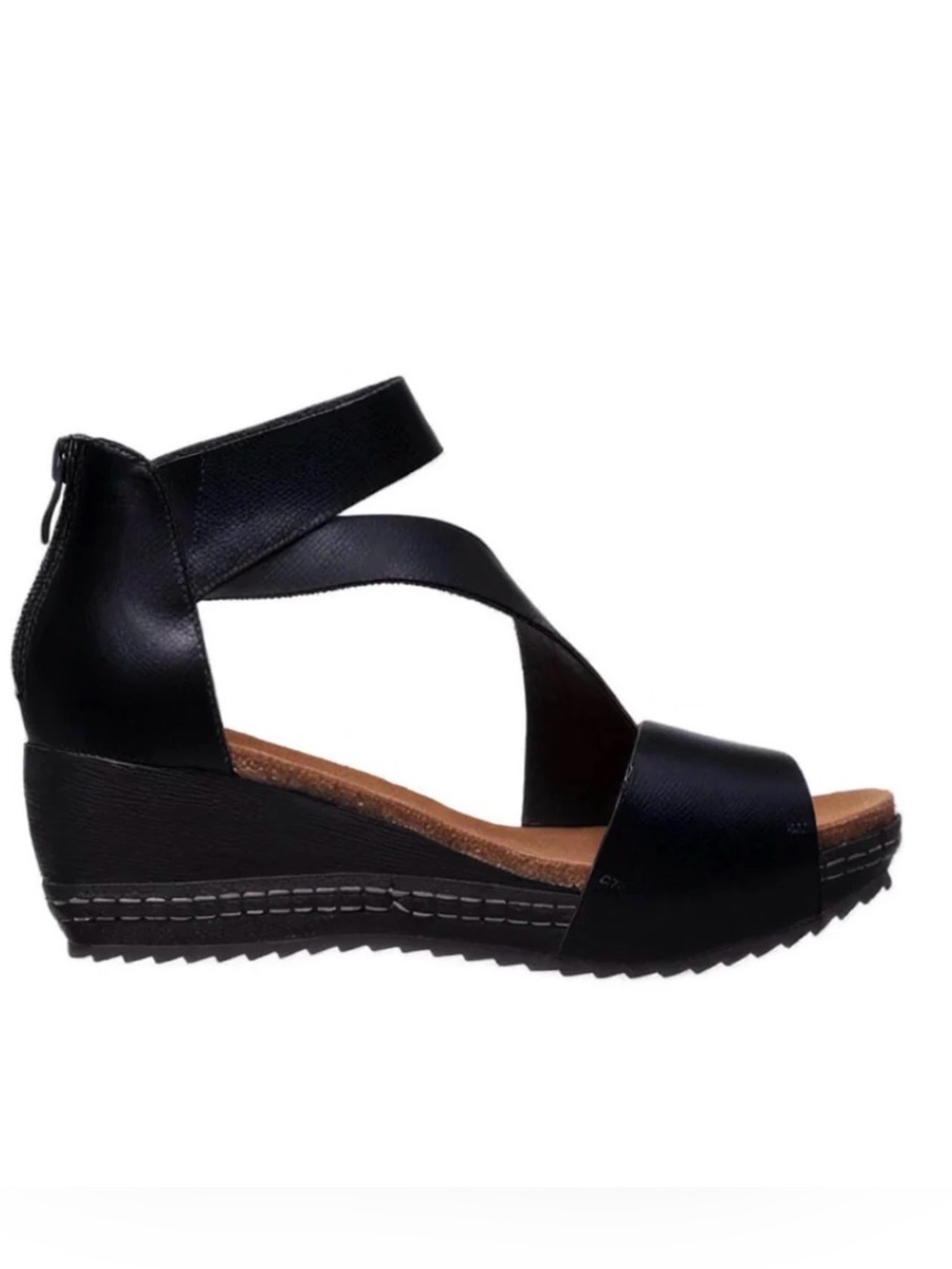 ANTELOPE Black Leather Wedge Sandals with Ankle Strap - Picture 3 of 9